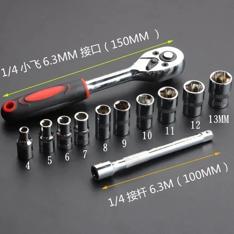 1/4" Ratchet Socket Wrench Set Drive Sockets Set Extension Rod Multi-function Ratchet Spanner Car Motorcycle Repair Hand Tool