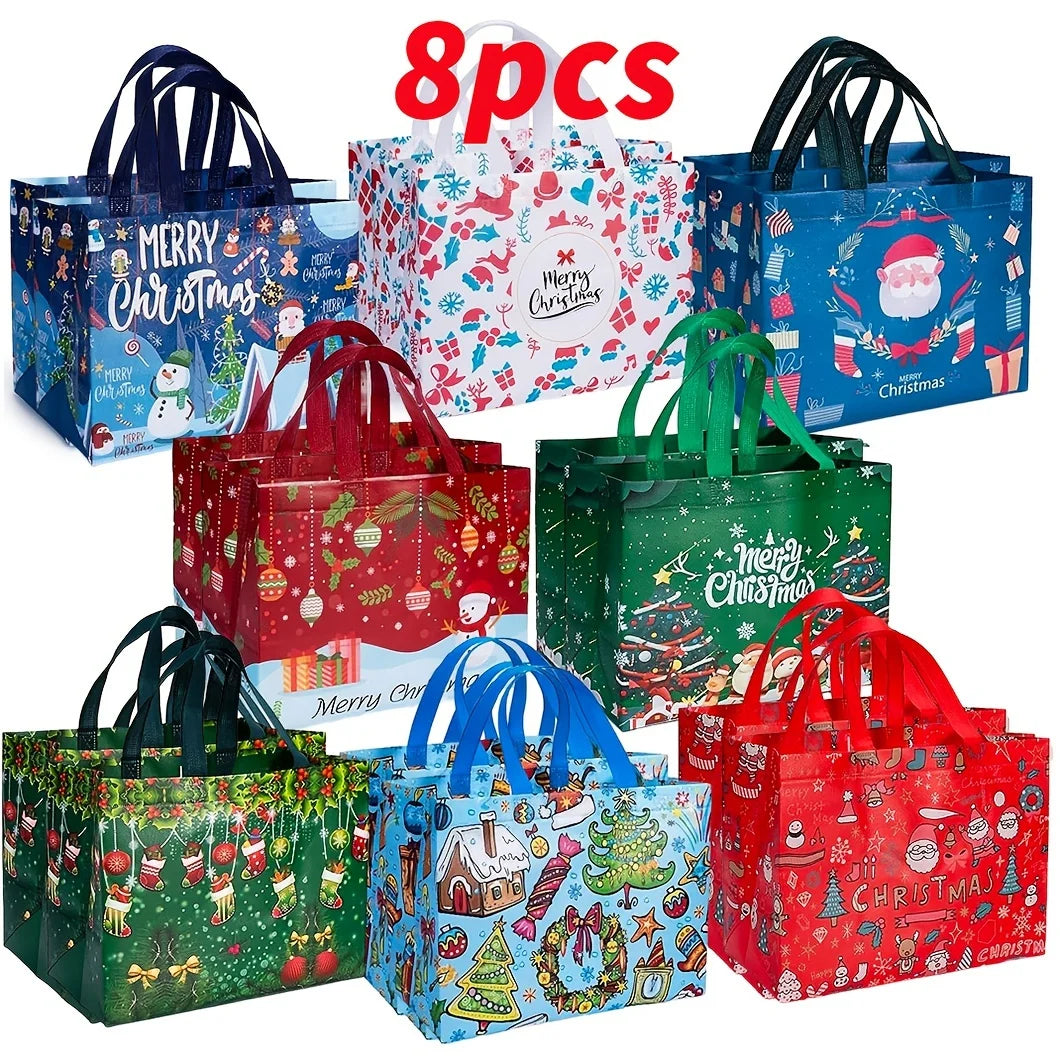 8 Pack Large Christmas Gift Bags – Non-Woven Reusable Shopping Tote, 32.5x24.9x17cm, with Handles, for Holiday Party, New Year, Gift Giving, Shopping – Durable, Foldable, Festive Patterns