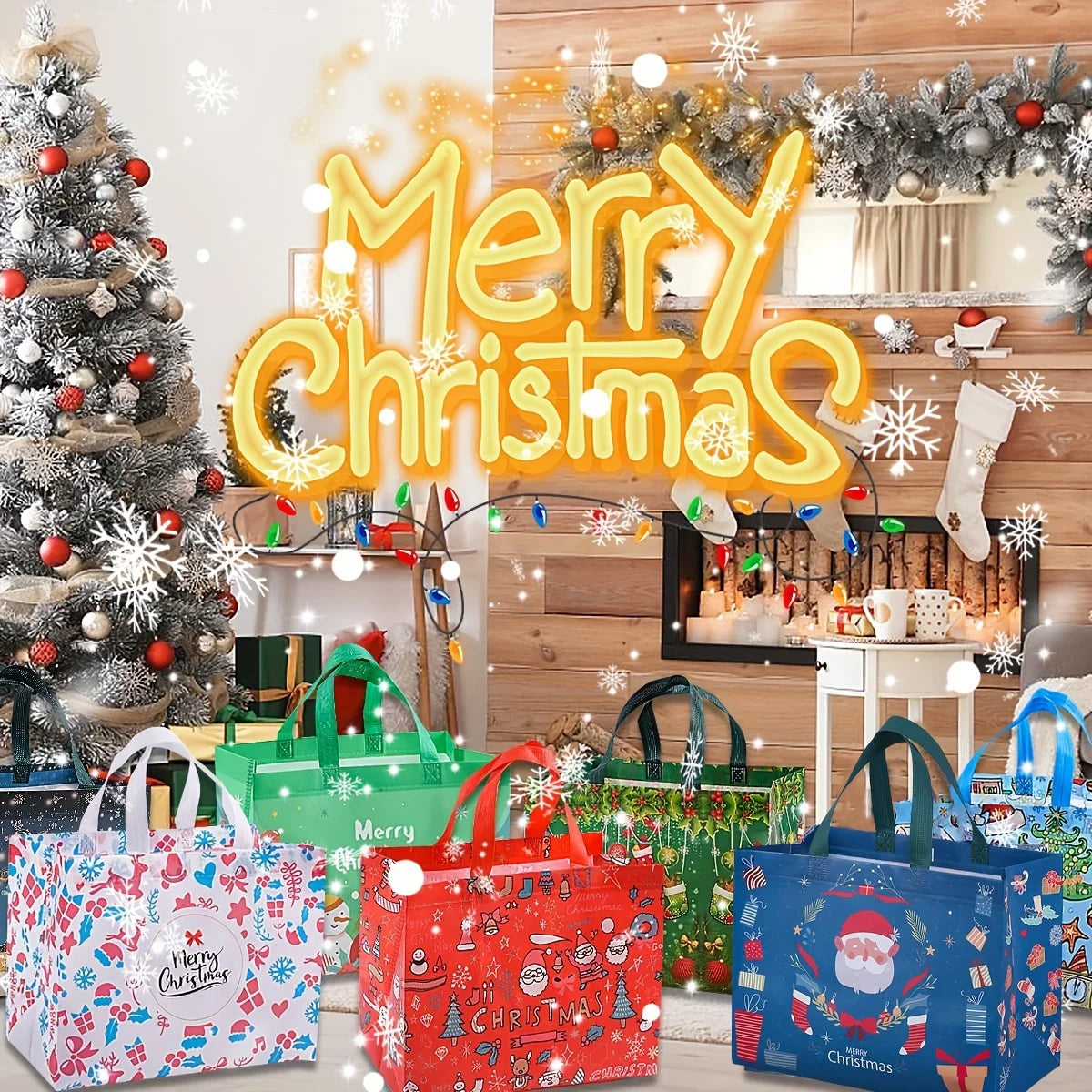 8 Pack Large Christmas Gift Bags – Non-Woven Reusable Shopping Tote, 32.5x24.9x17cm, with Handles, for Holiday Party, New Year, Gift Giving, Shopping – Durable, Foldable, Festive Patterns