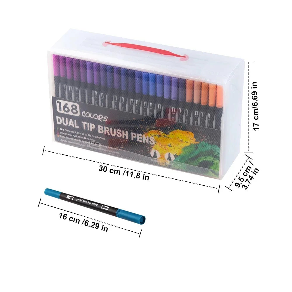 168 Colors Dual Tip Brush Markers Set Black Barrel Watercolour Pens for Adult Colouring Drawing Sketching Calligraphy Art Supplies with Carry Case
