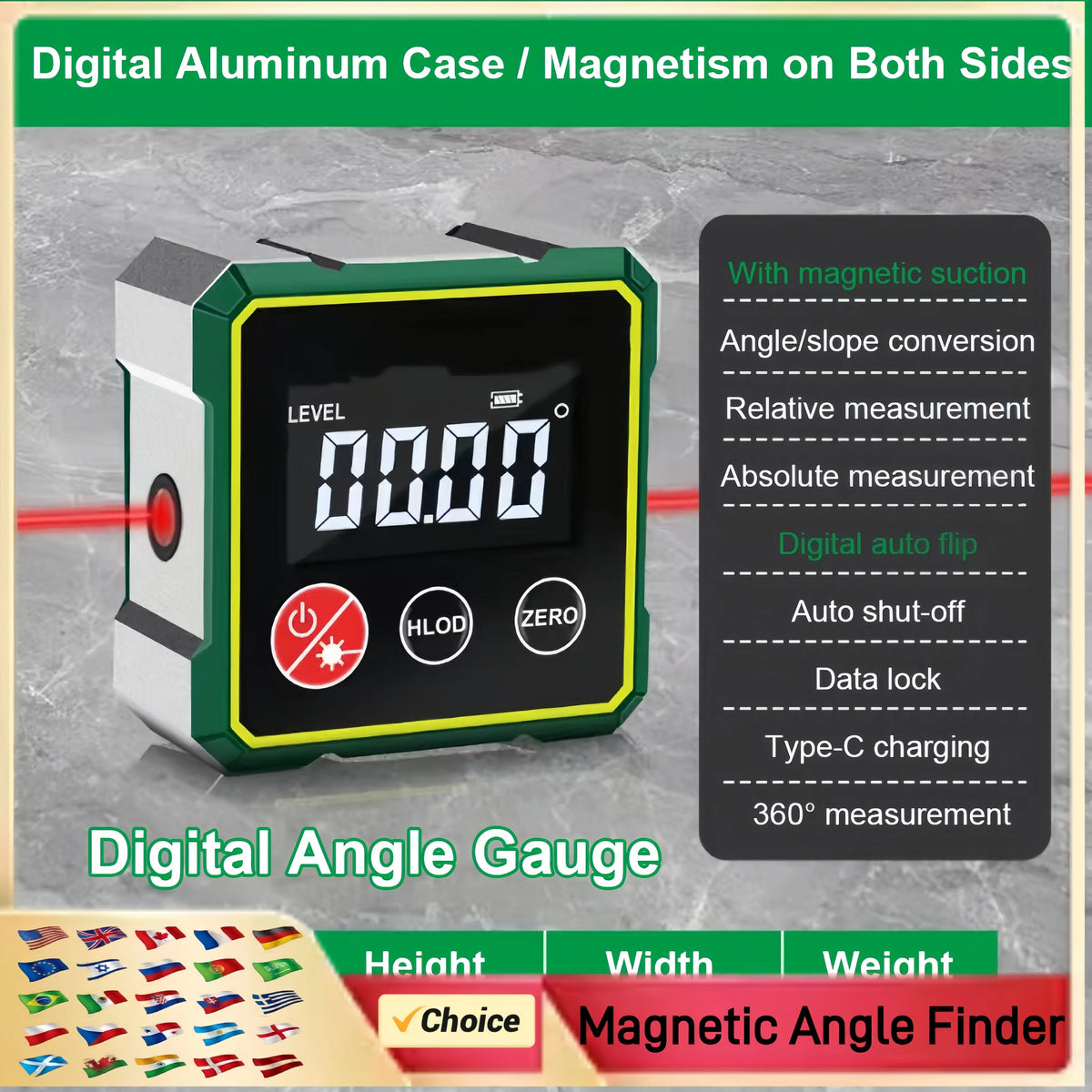 Magnetic Digital Angle Finder with LCD Backlight Electronic Laser Gauge Protractor Level Magnets Level Ruler Angle Slope 0-90°