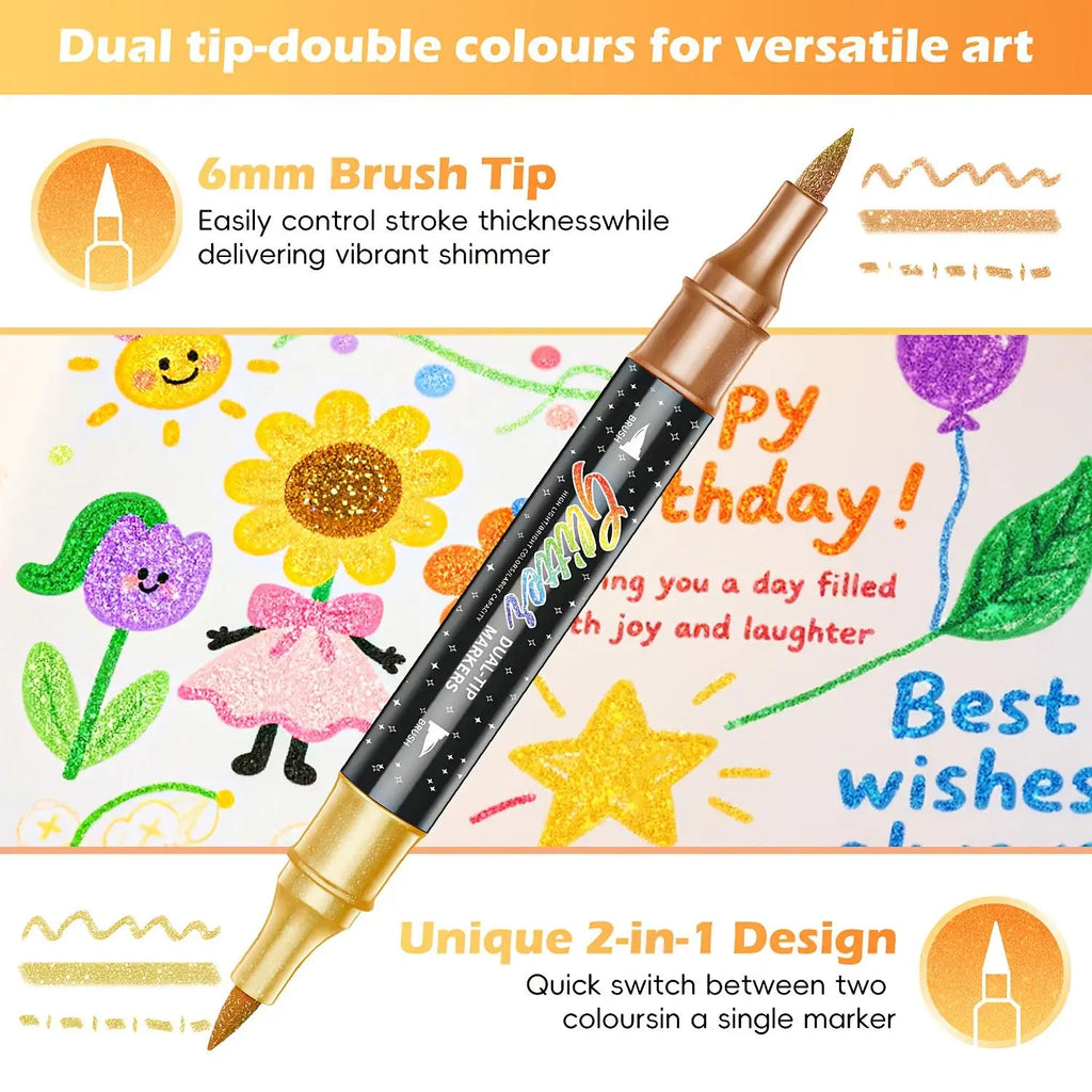 48pcs Dual-Tip Glitter Water-Based Ink Markers - Office Stationery Writing Tools with Consistent Ink Flow, High Detail, Metallic Shine, Thick Tip for Filling Large Areas, Glitter Effect for DIY Lovers, Greeting Cards