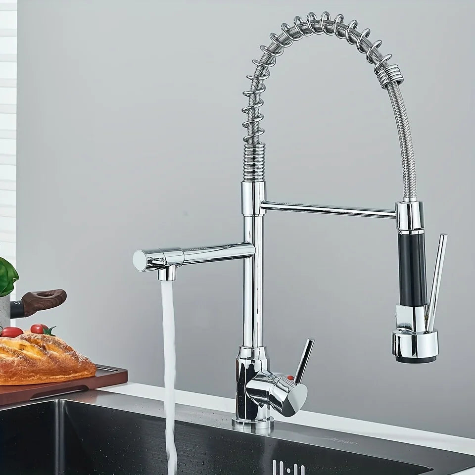 Premium Silver Kitchen Tap – Worktop-mounted Mixer Tap with 360-degree Rotating Spout – Hot and Cold Water Tap for Kitchen Sinks
