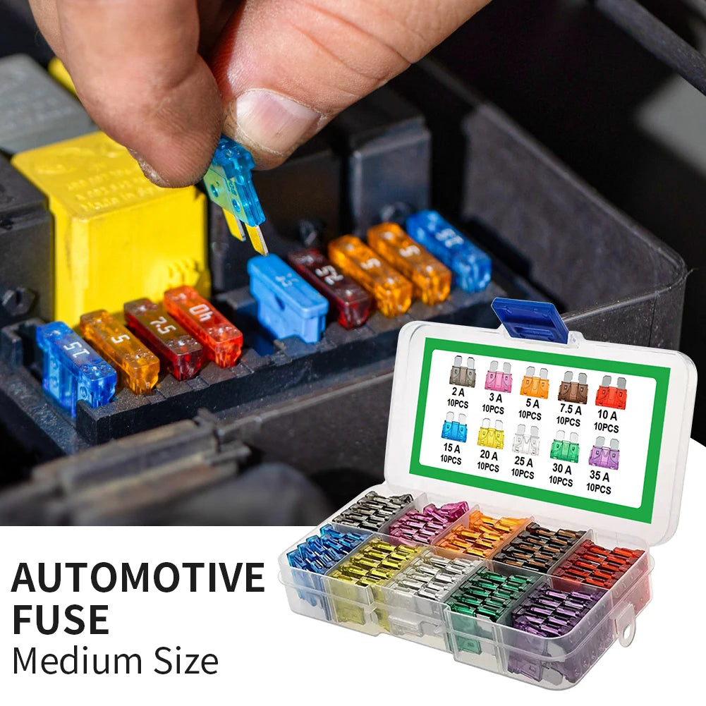 100Pcs Car Fuse Assortment 2A 3A 5A 7.5A 10A 10 Types Blade Type Fuse Assorted Kit 15A 20A 25A 30A 35A with Box