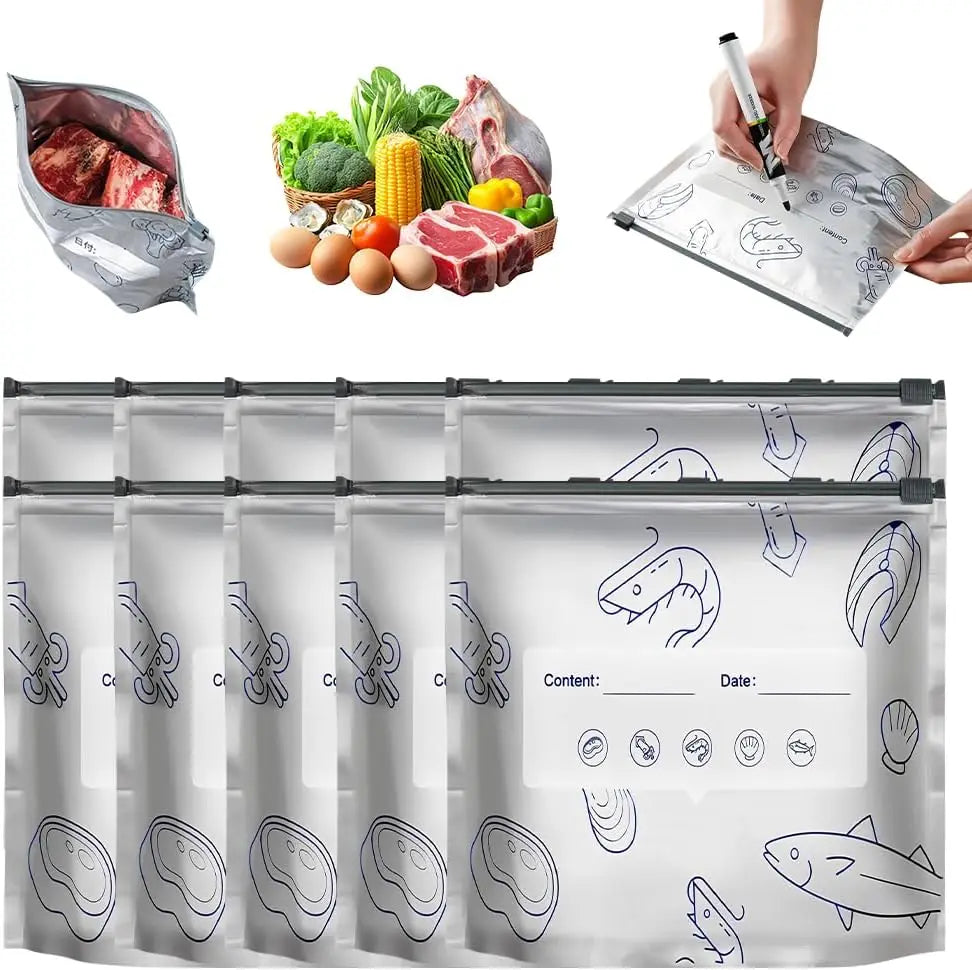 Reusable Aluminum Foil Freezer Bags Leakproof Stand Up Ziplock for Seafood Meat Vegetables Long Term Fresh Storage