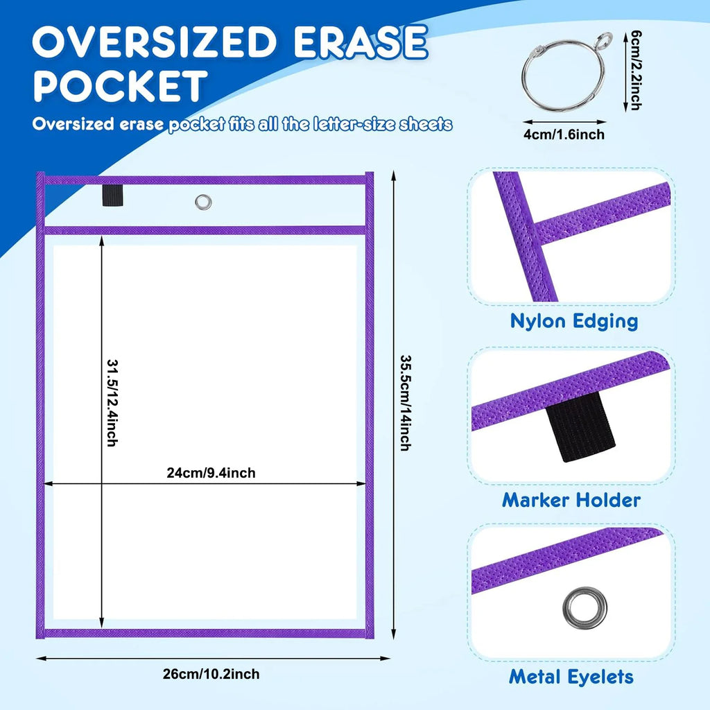 60pcs Reusable Dry Erase Pockets, A4 Plastic Sheet Protectors With 2 Metal Binder Rings, Write & Wipe Document Sleeves For Office, Teacher School Supplies
