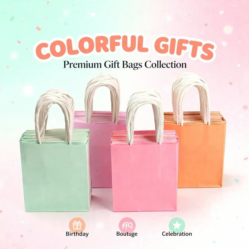 Macaron Soft Pastel Kraft Paper Bags with Handles - Bulk Multipurpose for Gift, Shopping & Party