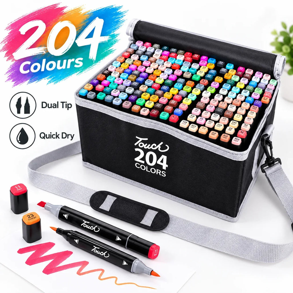 204 Colour Dual Tip Marker Set, Quick Dry Sketching Markers for Painting, Professional Art Markers for Drawing Illustration, Marker Pens for Artists