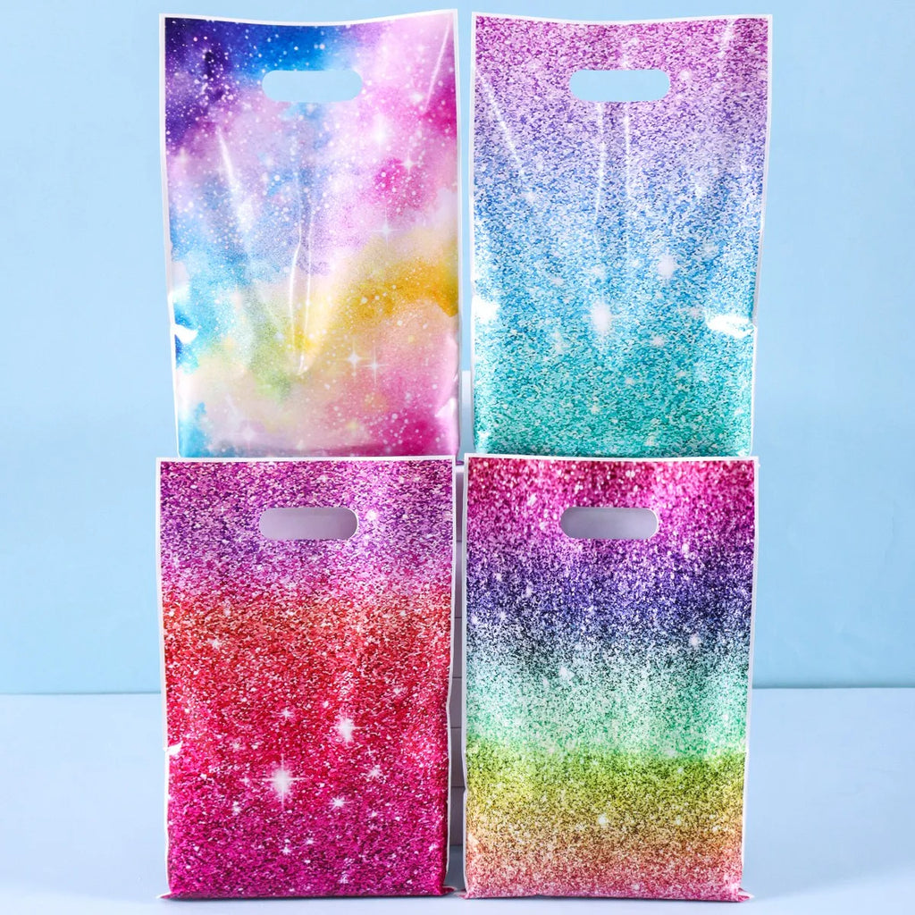 10/20/50pcs Glitter Rainbow Gradient Galaxy Plastic Handle Gift Bags Party Favor Bags for Birthday Wedding Party Decor Supplies