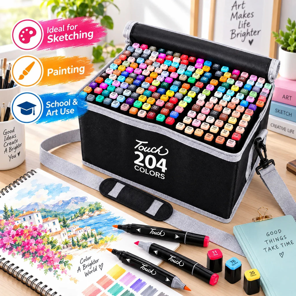 204 Colour Dual Tip Marker Set, Quick Dry Sketching Markers for Painting, Professional Art Markers for Drawing Illustration, Marker Pens for Artists