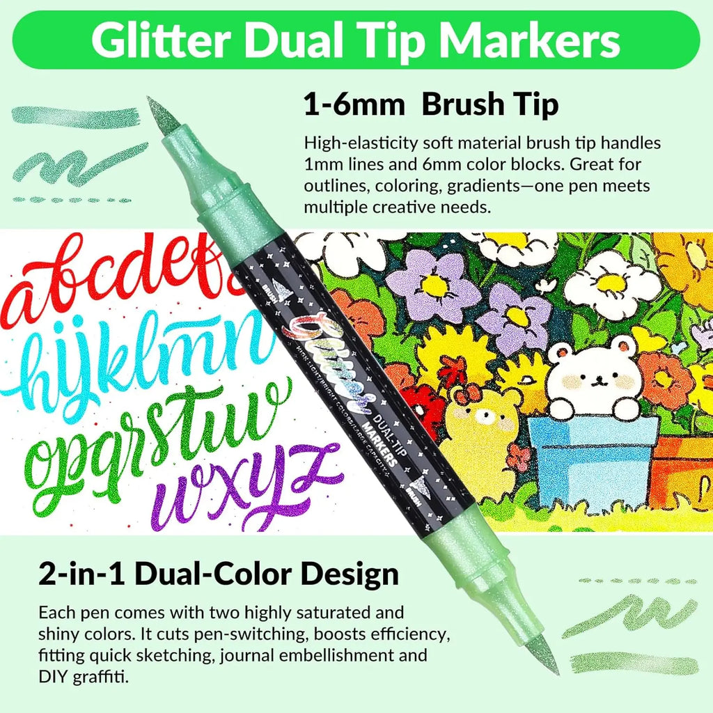 48pcs Dual-Tip Glitter Water-Based Ink Markers - Office Stationery Writing Tools with Consistent Ink Flow, High Detail, Metallic Shine, Thick Tip for Filling Large Areas, Glitter Effect for DIY Lovers, Greeting Cards