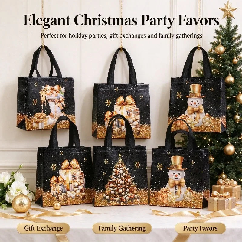 12PCS Christmas Non Woven Gift Bags Cartoon Snowman Tree Pattern Handbag Packaging Bags Xmas Party Supplies Holiday Favors