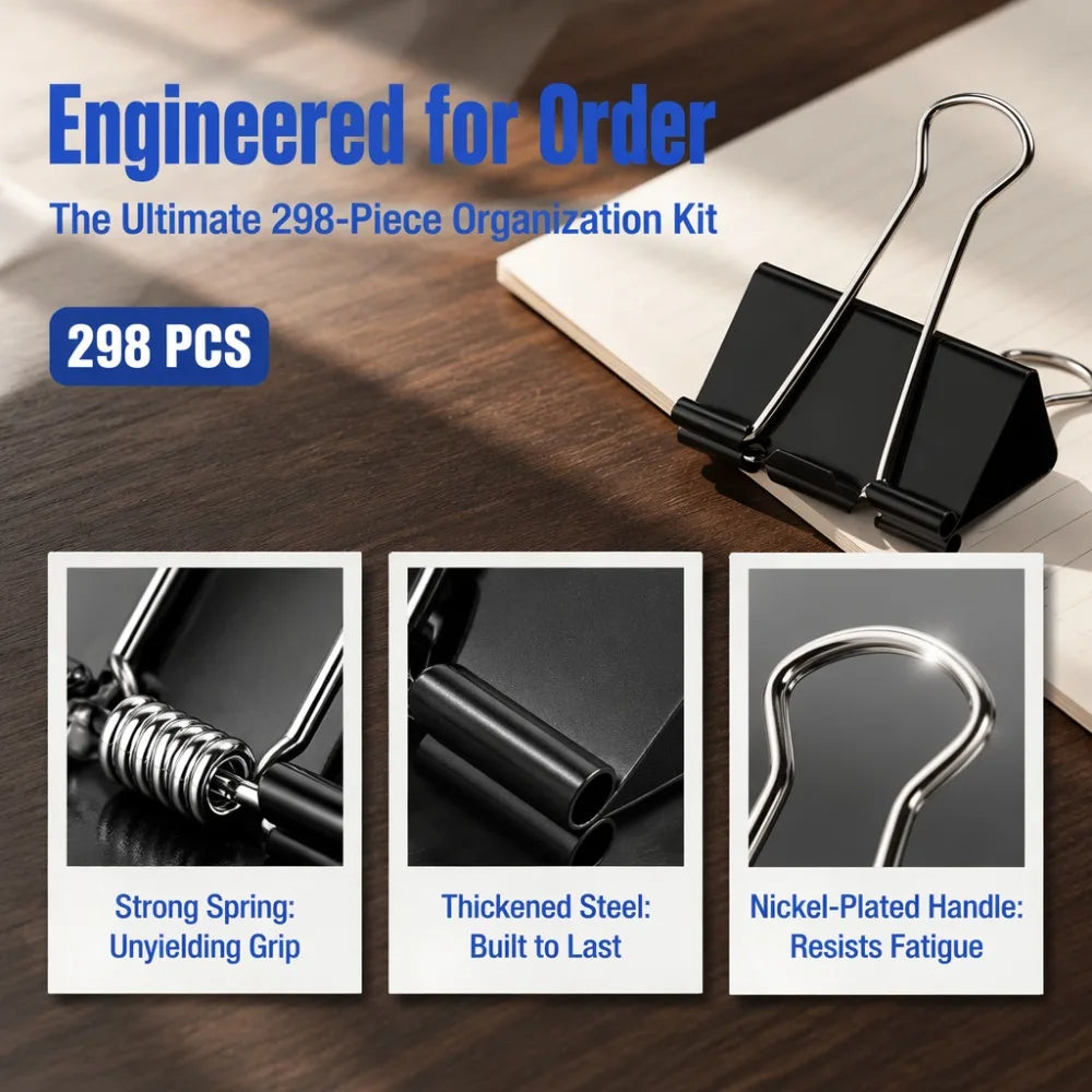 298PCS Black Binder Clips, Paper Clamps, Heavy Duty Office Document Clips, Rust Resistant Paper Holders for Office, School & Home Supplies