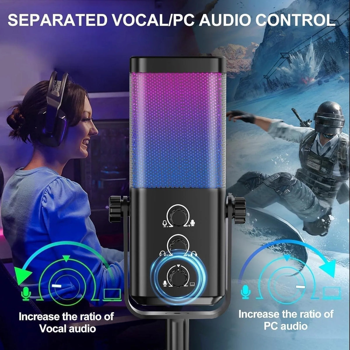 USB Gaming Microphone with Game Chat Balance,Noise Cancelling, 24bit/192kHz Computer Cardioid Condenser Mic for Streaming/Podcast/Recording with RGB,Quick Mute,Gain Knob,Monitoring-for PC/PS4/PS5/Mac