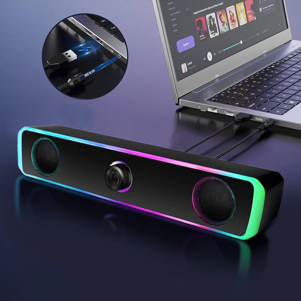 Portable RGB Desktop Soundbar, 2.0 Channel Stereo Dynamic RGB Computer Speakers Desktop Knob Control USB Powered Bluetooth Wired