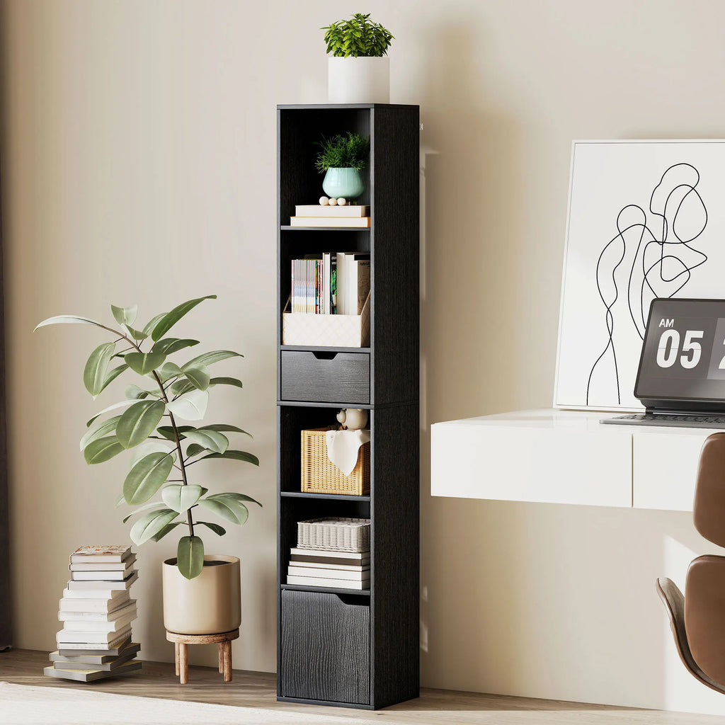 HOMCOM 6-Tier Bookcase with Drawer, Door Tall Narrow Bookshelf with Storage