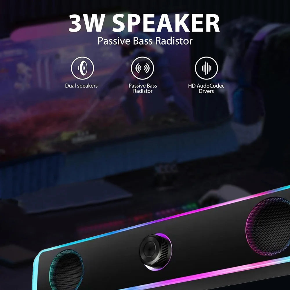 Portable RGB Desktop Soundbar, 2.0 Channel Stereo Dynamic RGB Computer Speakers Desktop Knob Control USB Powered Bluetooth Wired
