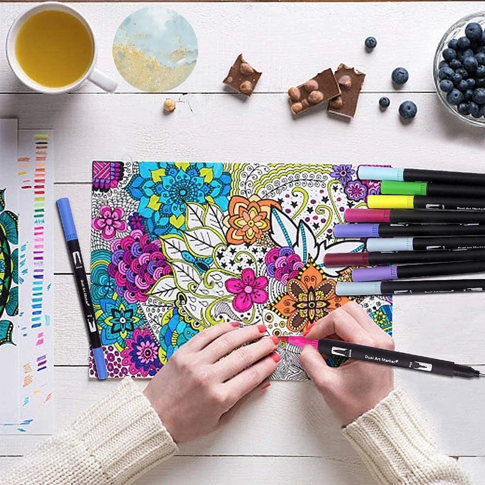 168 Colors Dual Tip Brush Markers Set Black Barrel Watercolour Pens for Adult Colouring Drawing Sketching Calligraphy Art Supplies with Carry Case