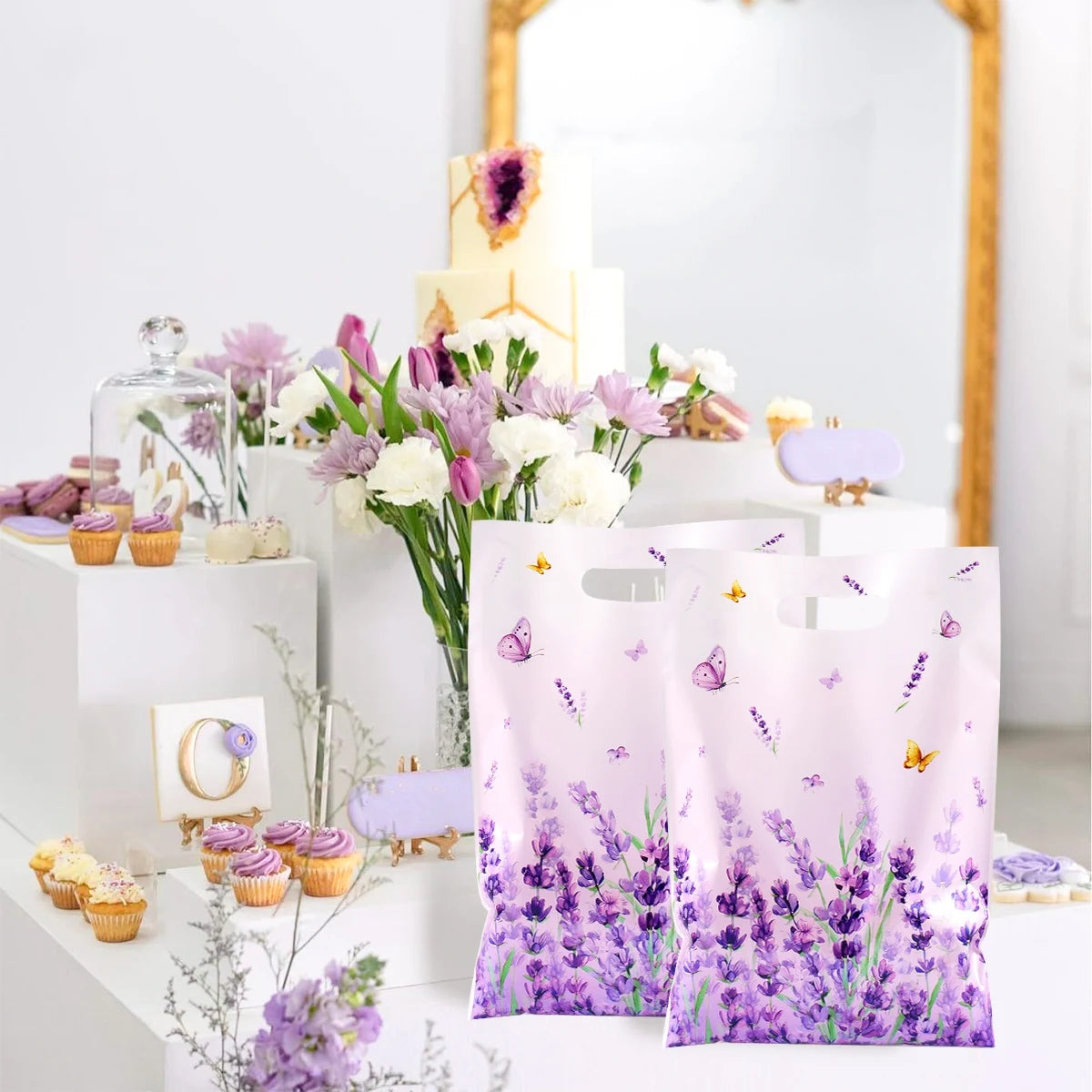 10/20/50Pcs Lavender Gift Bags Plastic Gift Tote Bags Spring Birthday Party Decoration Wedding Party Supplies for Gift Wrapping