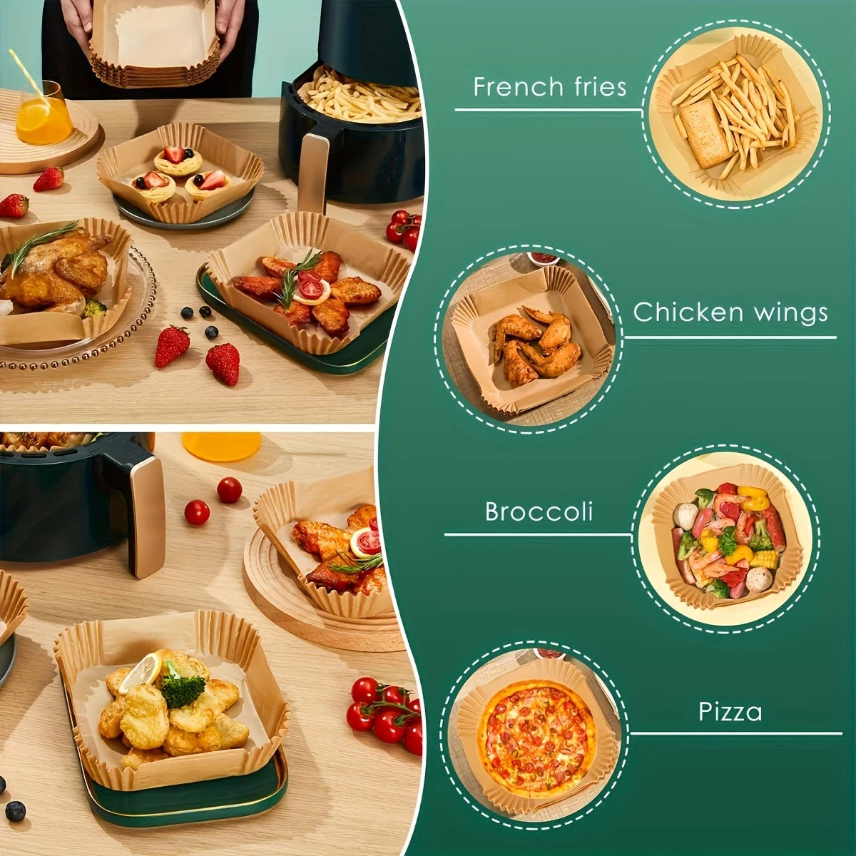 50/100 Sheets of Air Fryer baking Tray Paper - Non Stick, Disposable, Pre Cut baking Tray, Heat-Resistant, Suitable for Air Fryers, Ovens, Microwaves, Grills - Easy to Clean, Food Grade, Multifunctional Kitchen, Household and