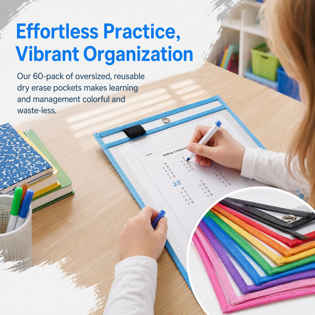 60pcs Reusable Dry Erase Pockets, A4 Plastic Sheet Protectors With 2 Metal Binder Rings, Write & Wipe Document Sleeves For Office, Teacher School Supplies