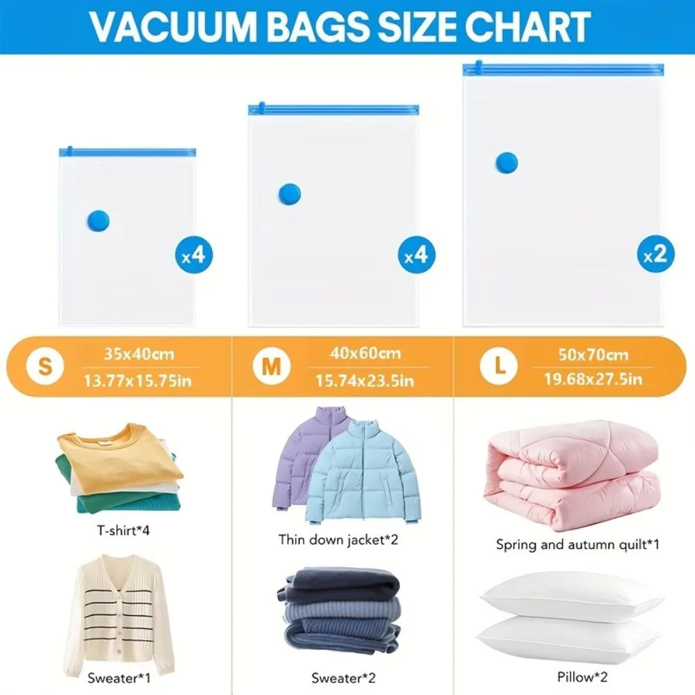 11Pcs Vacuum Storage Organizer Bags, Travel Suitcases Essentials, Wardrobe Clothes Compression Packaging Sealing Bag Camping Equipment(4 Small Sizes, 4 Medium Sizes, 2 Large Sizes and 1 Pump)