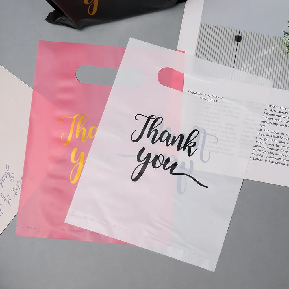 50pcs PE Shopping Bags with "Thank You" Print Foldable Plastic Bags for Gifts Jewelry Accessories Packaging Shopping Handbags