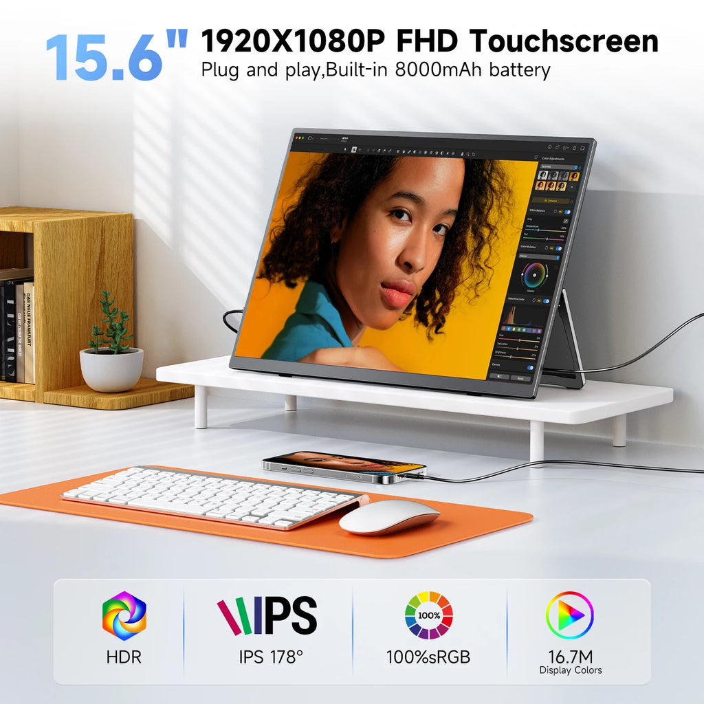 UPERFECT 15.6' 1080P Portable Monitor Touchscreen with Battery 8000mAh 100% SRGB Eye Care USB-C & MINI HDMI External Screen for Laptop MacBook Phone PS5 Switch Xbox