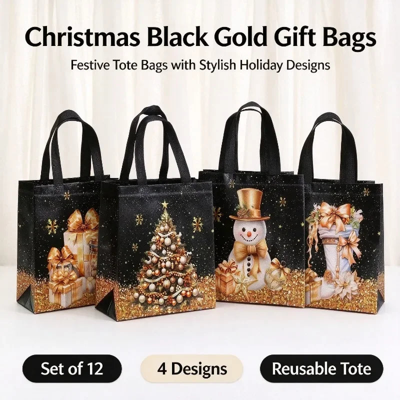 12PCS Christmas Non Woven Gift Bags Cartoon Snowman Tree Pattern Handbag Packaging Bags Xmas Party Supplies Holiday Favors
