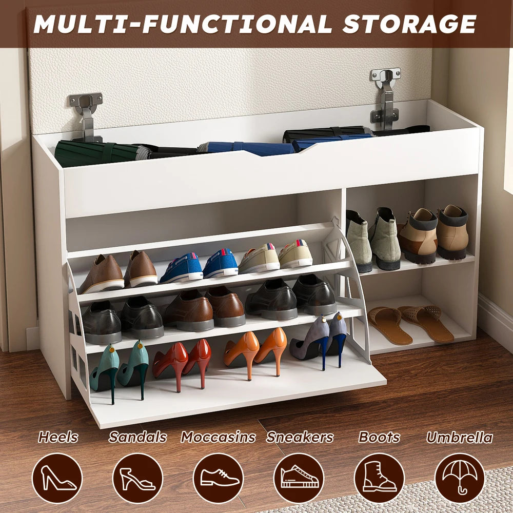 HOMEMAX Entryway Storage Bench Stool, Lift‑Top Compartment & Rotating Shoe Rack, Soft Cushion, Waterproof Scratch‑Resistant MDF, Max 400lbs Hall Bench for Home Hallway