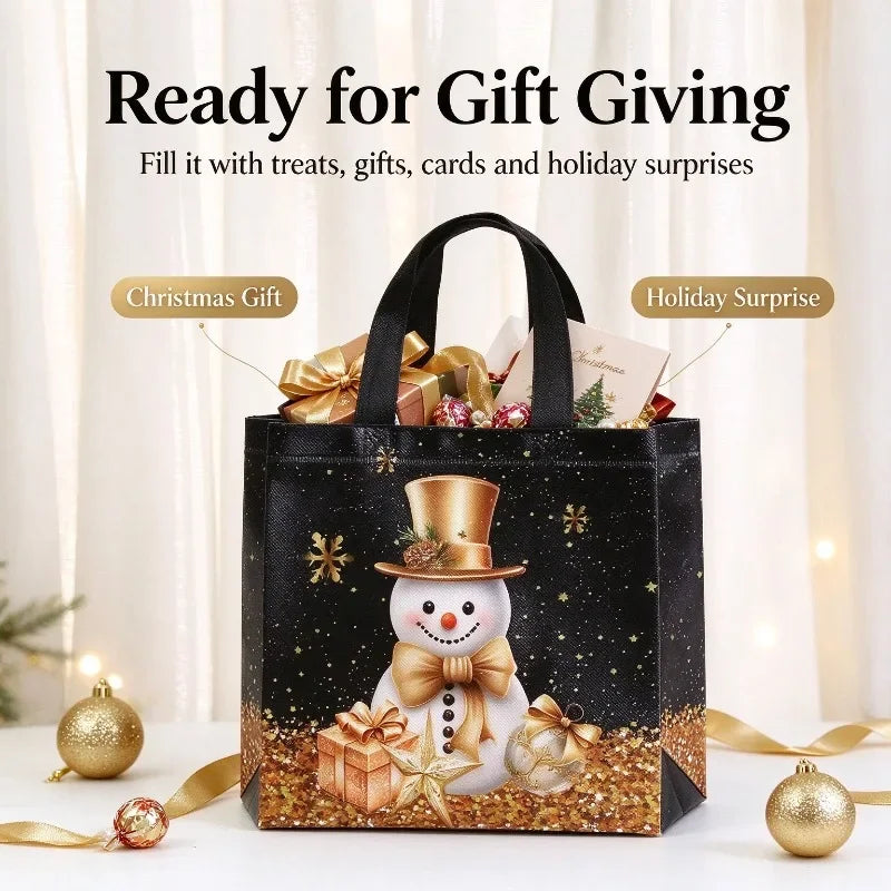 12PCS Christmas Non Woven Gift Bags Cartoon Snowman Tree Pattern Handbag Packaging Bags Xmas Party Supplies Holiday Favors