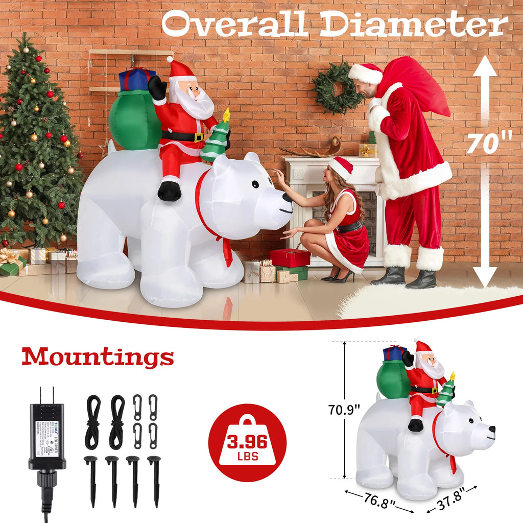 Santa Claus Christmas Decoration, 6ft Light Up Inflatable Santa Rides Polar Bear with 7 LED Lights, Outdoor Garden Christmas Decoration, 180cm