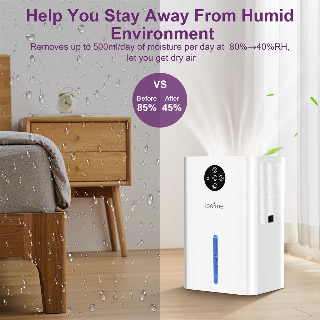 LOEFME 500ML/Day 1.8L Silent Dehumidifier Portable Mini Air Dehumidifier with Touch Display LED Light for Home Bedroom Office