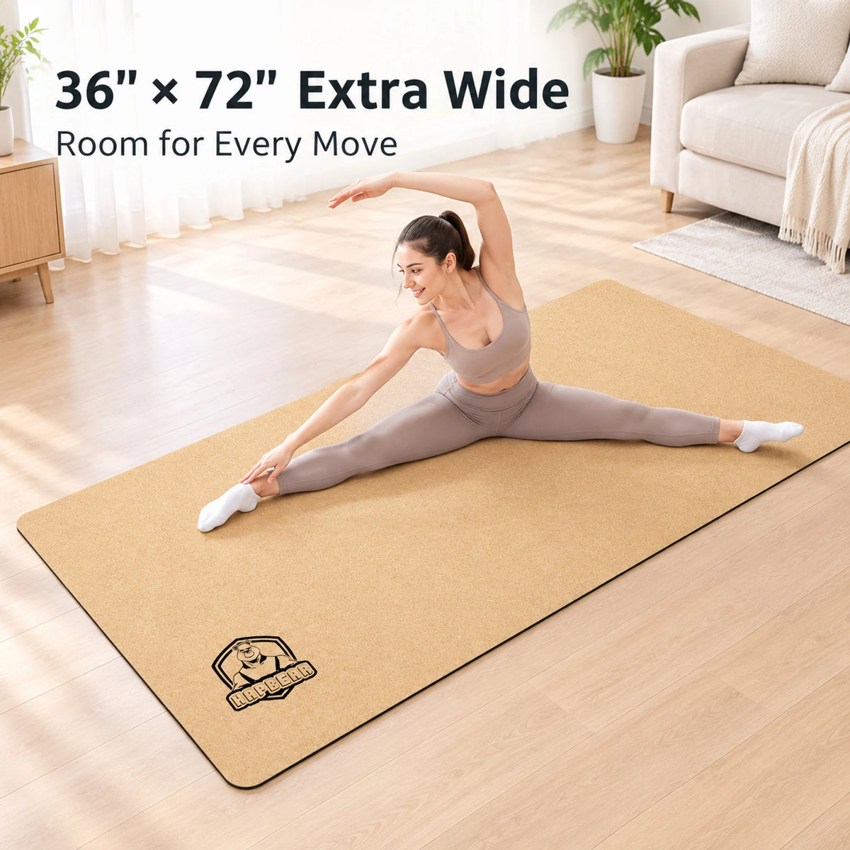 HAPBEAR Cork TPE Yoga Mat, 6mm Thick 183×92CM Non-Slip Sweat-Absorbing Exercise Mat, Home Fitness Pilates Gymnastics Mat with Carry Bag & Free 5Pcs Resistance Bands