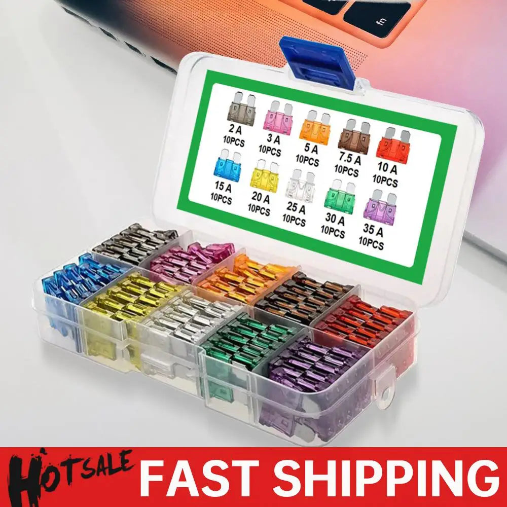 100Pcs Car Fuse Assortment 2A 3A 5A 7.5A 10A 10 Types Blade Type Fuse Assorted Kit 15A 20A 25A 30A 35A with Box