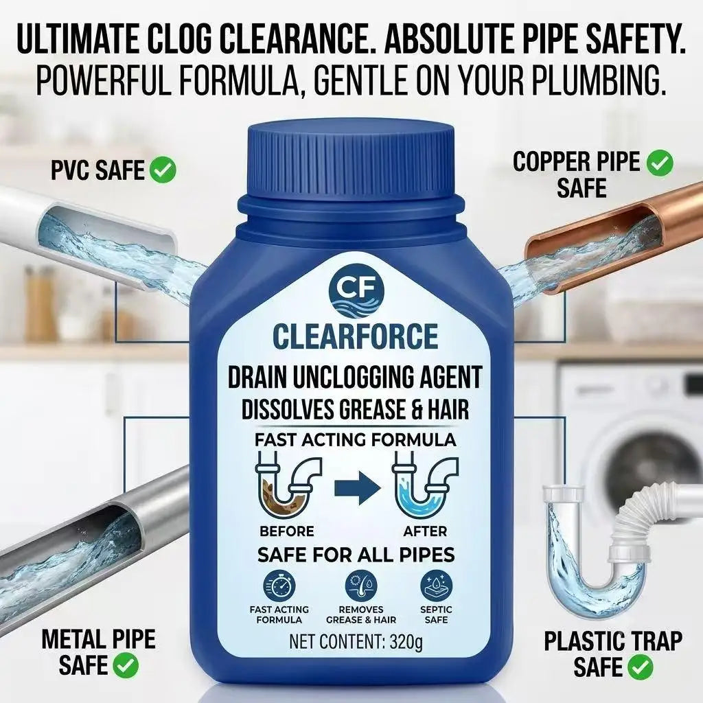 ClearForce Powerful Drain Unclogger Powder, Dissolves Hair & Grease Instantly, Safe for All Pipes (320g)