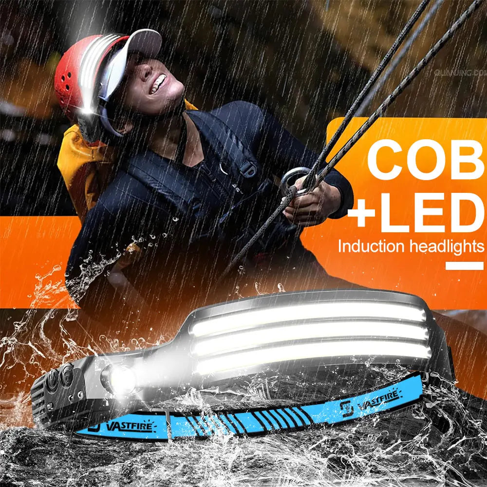 USB-C Rechargeable COB LED Head Torch with Motion Sensor & Zoom, Waterproof Headlamp for Fishing Camping Hunting Workshop, DE & UK Warehouse Fast Shipping