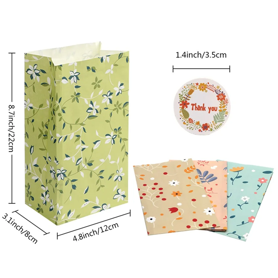 12/24PCS Plant Pattern Gift Paper Bags for Candy Cookie Bakery Kraft Paper Packaging Bags with Stickers
