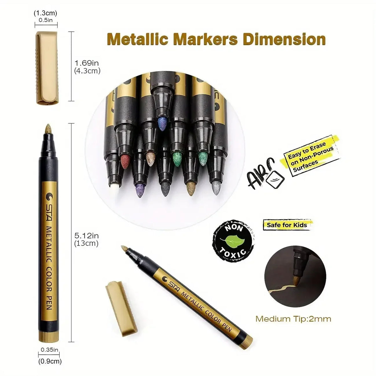 10 Colors Metallic Marker Pens - Medium Tip Permanent Paint Markers for Scrapbooking, Crafts & DIY Projects