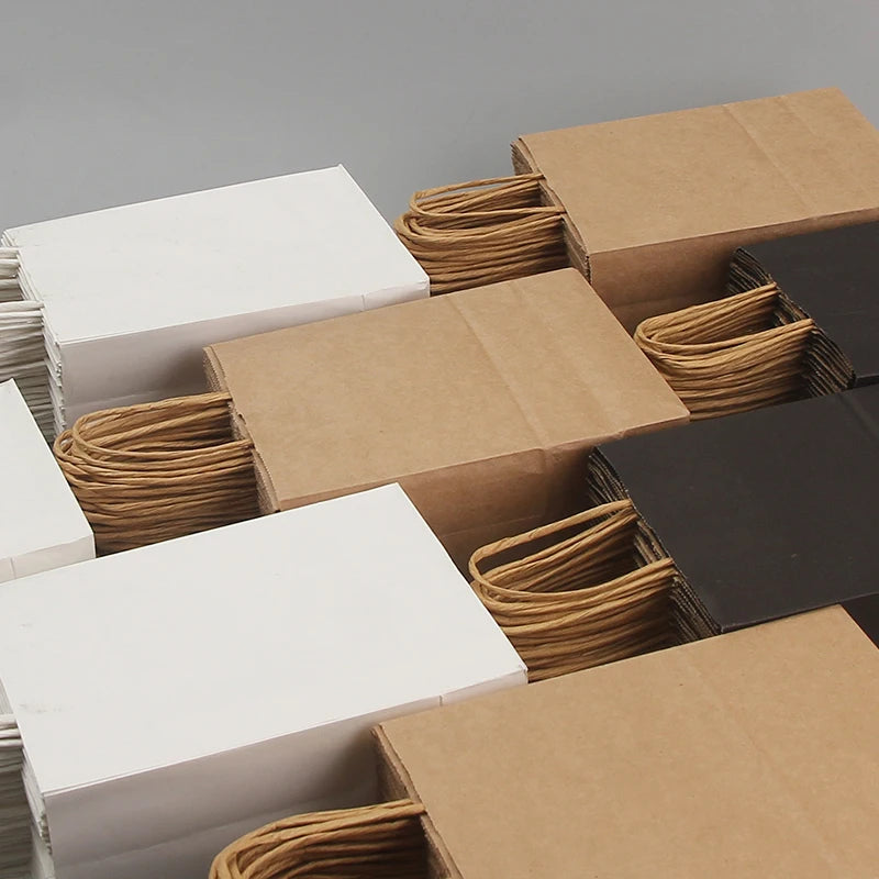 Bulk Kraft Paper Bags with Handles – Brown/White/Black, Strong Textured Handles for Retail, Grocery, Boutique, Supermarket