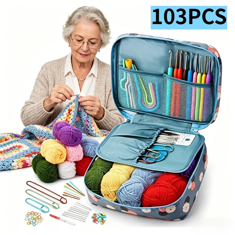 103pcs DIY Crochet Kit - Includes Yarn, Hooks, Knitting Needles, Stitch Markers And Accessories, Beginner's Starter Kit, Multi-Purpose Home Crafting Tools with Portable Storage Bag