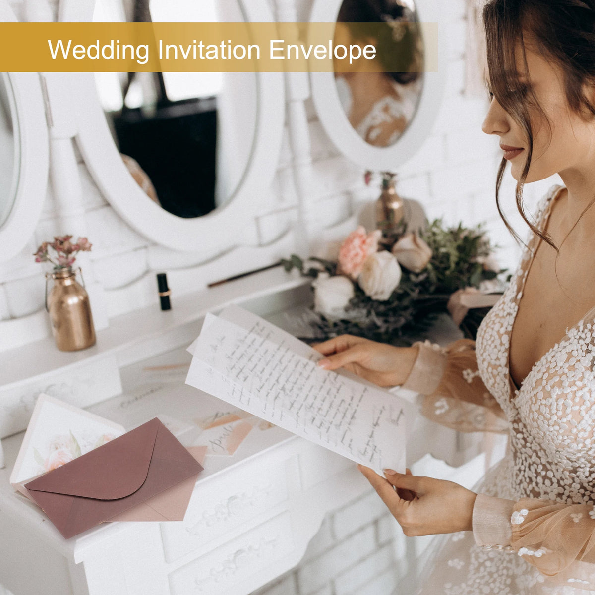 50Pcs Mini Envelopes V Flap Small Business Card Envelopes with Gold Ink Pen for Greeting Cards Wedding Invitations Party Gifts