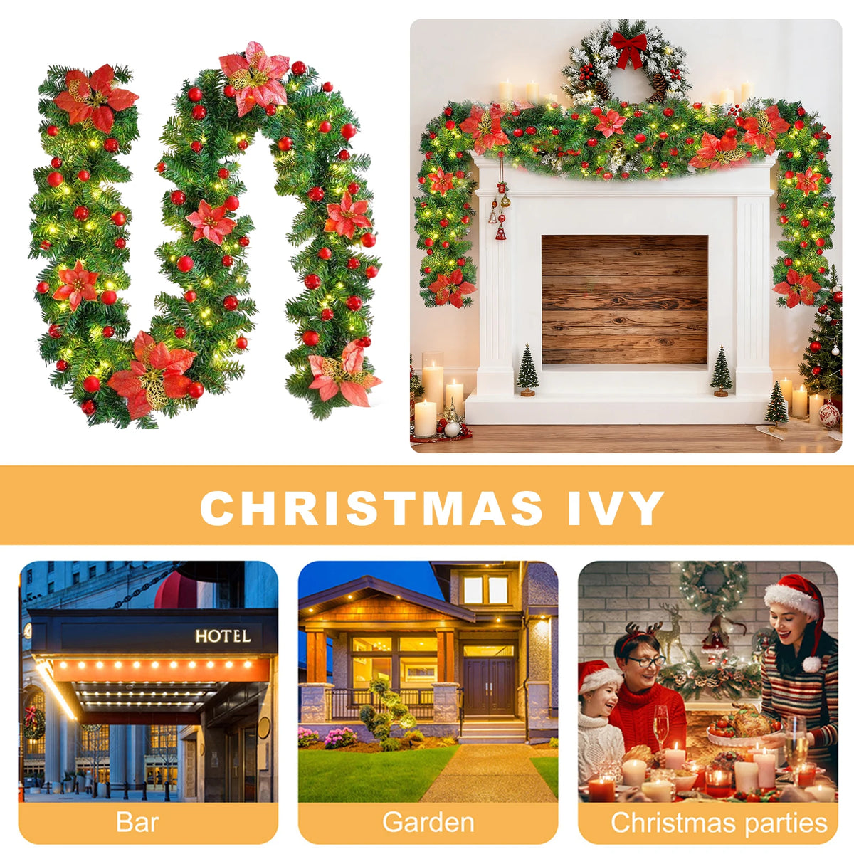 2.7M Christmas LED Rattan Garland Decorative For Staircase Fireplace Christmas Decoration Xmas Tree Rattan Banner Home Pendant