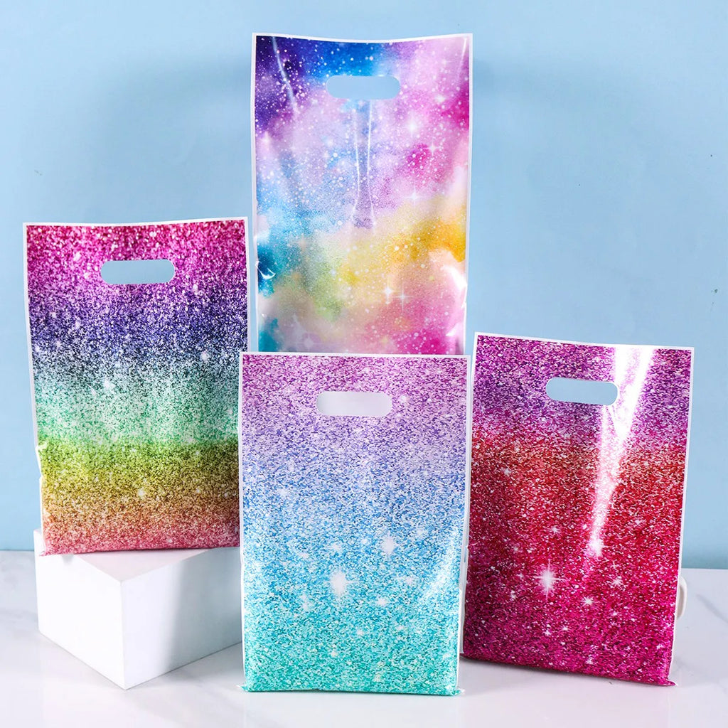 10/20/50pcs Glitter Rainbow Gradient Galaxy Plastic Handle Gift Bags Party Favor Bags for Birthday Wedding Party Decor Supplies