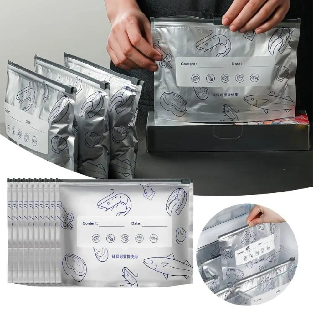 Reusable Aluminum Foil Freezer Bags Leakproof Stand Up Ziplock for Seafood Meat Vegetables Long Term Fresh Storage
