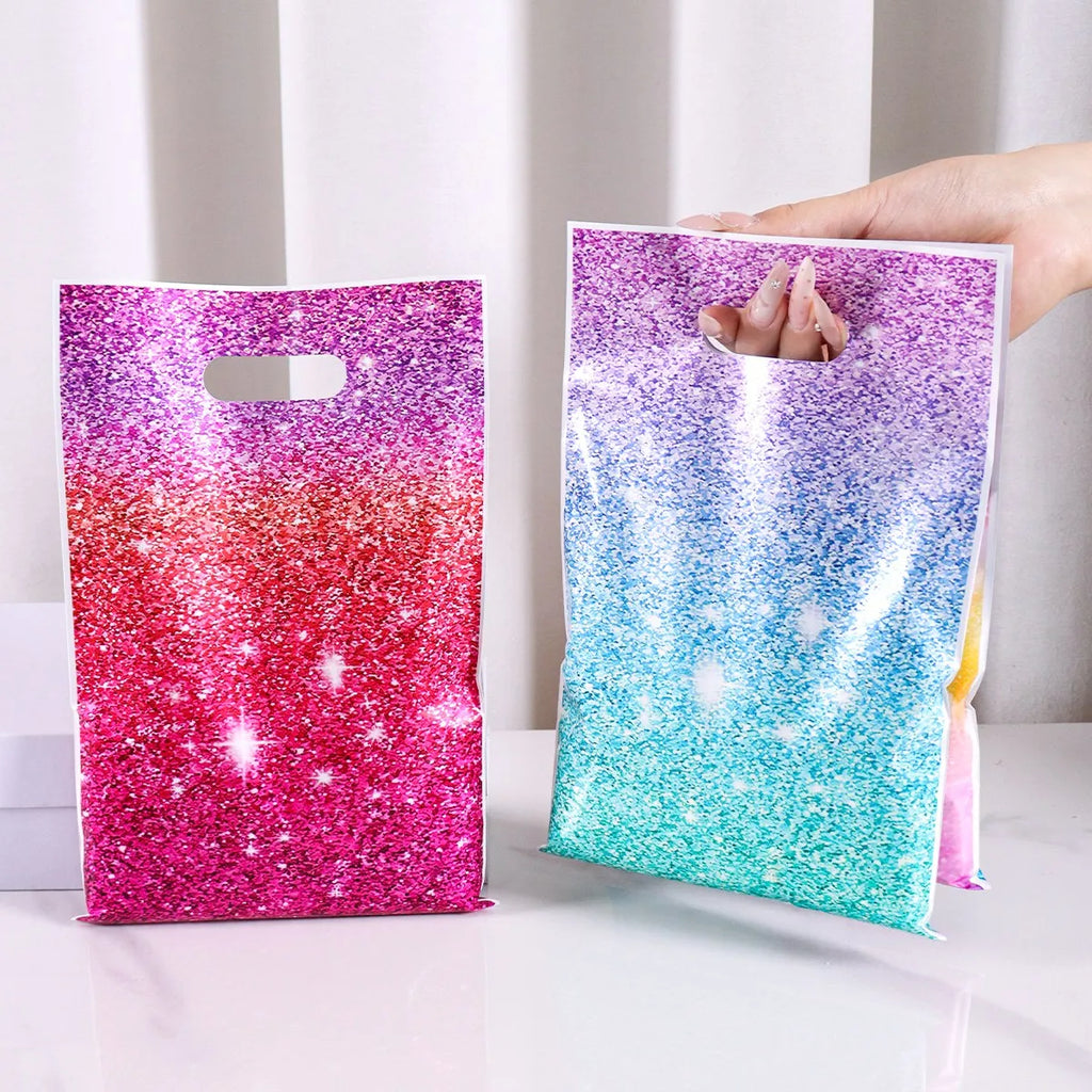 10/20/50pcs Glitter Rainbow Gradient Galaxy Plastic Handle Gift Bags Party Favor Bags for Birthday Wedding Party Decor Supplies