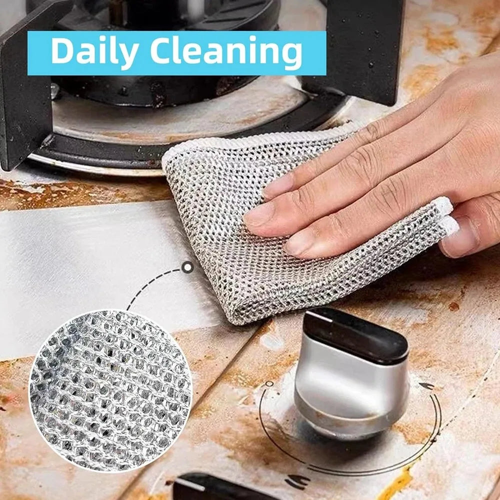 10Pcs Wire Miracle Cleaning Cloth for Kitchen Non-Scratch Metal Wire Dishwashing Rag Double Layer Wet Dry Pot Scrubber Silver