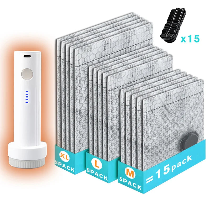 6/9/15pcs Vacuum Storage Bags, Comes with a Rechargeable Electric Pump for Travel. Low Noise, Portable and lightweight, Perfect for Trips. Compresses Clothes to Save Space, Ideal for Organizing Suitcases and Wardrobes.