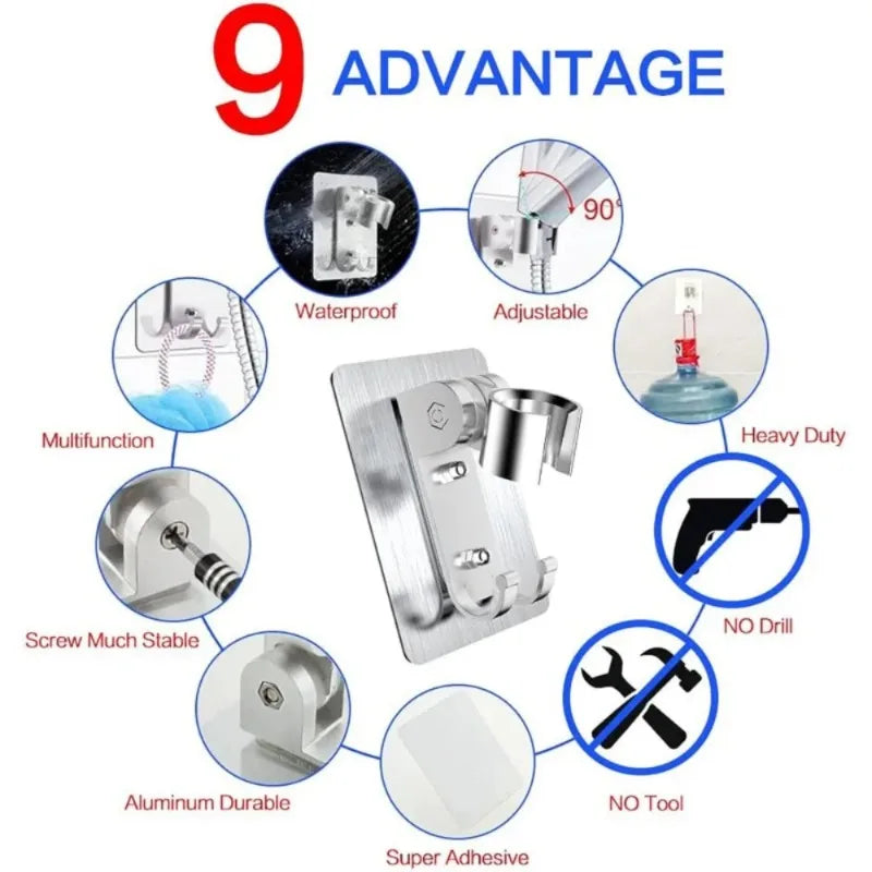 Strong Adhesive Shower Head Holder Adjustable Wall Mount with 2 Hooks Bidet Sprayer Compatible No Drill Bathroom Accessory