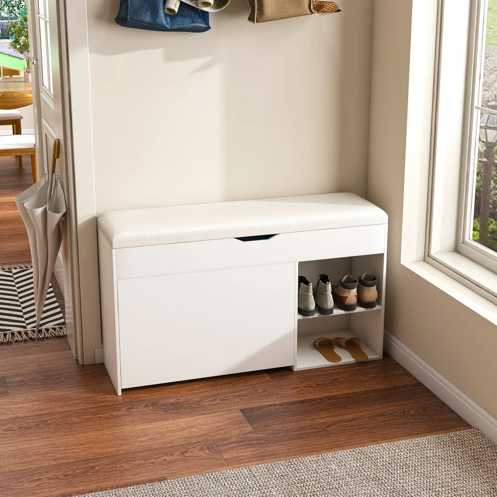 HOMEMAX Entryway Storage Bench Stool, Lift‑Top Compartment & Rotating Shoe Rack, Soft Cushion, Waterproof Scratch‑Resistant MDF, Max 400lbs Hall Bench for Home Hallway